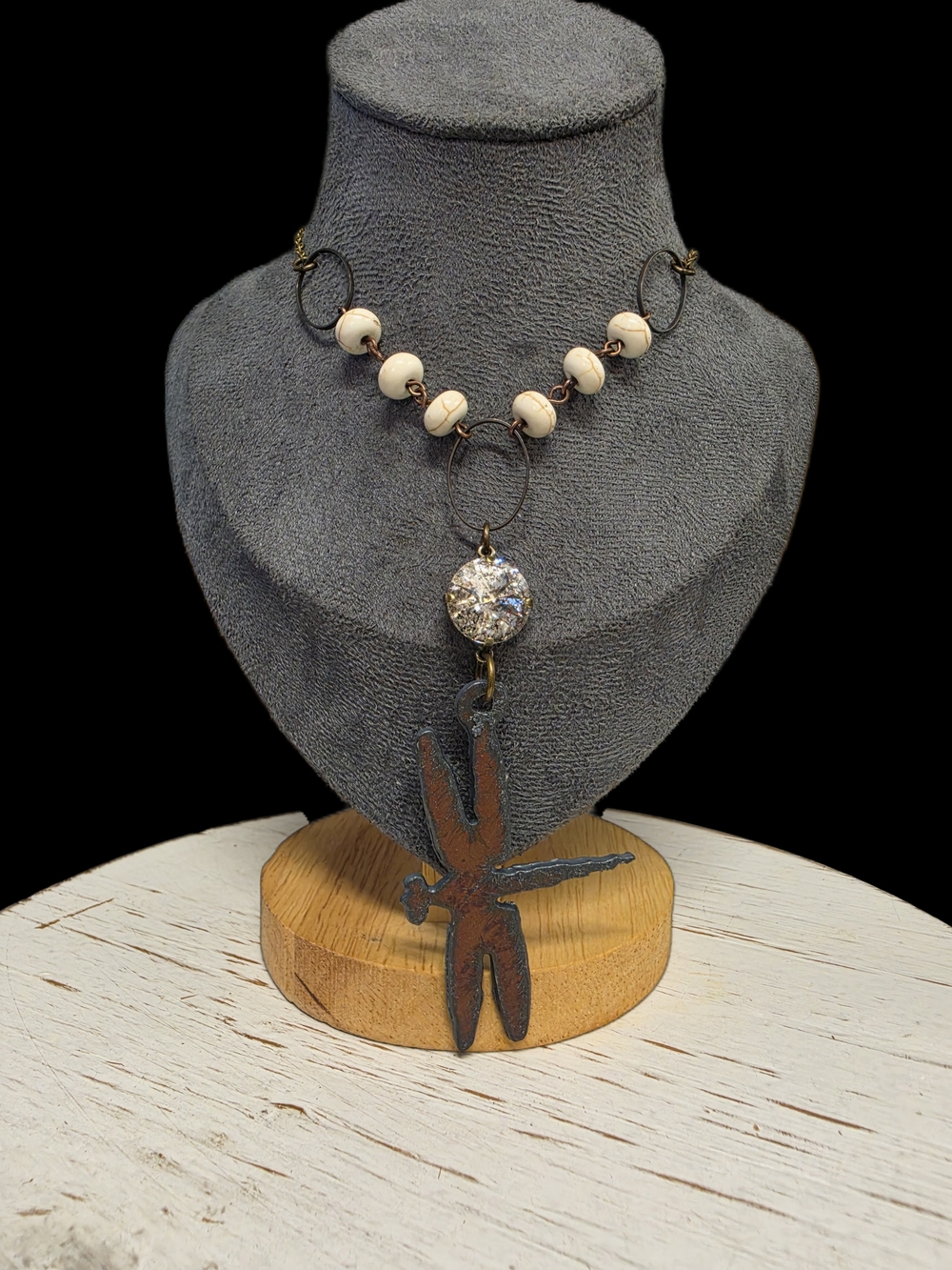 Wanderlust Cream Bead Necklace with Sparkling Rondelle & Dragonfly Pendant
